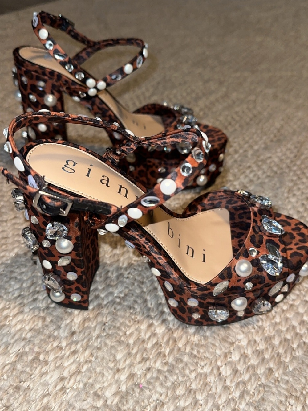 Gianni Bini Leopard-Print Pearl & Crystal Platform Sandals - Brown